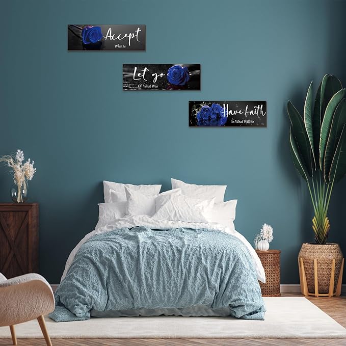 ZINYAZHE 3 Pcs Blue Wall Decor Inspirational Blue Rose Bathroom Wooden Wall Art Office Decor With Accept Let Go Have Faith Quotes For Girl Women Bathroom Bedroom(16 X 5Inch)