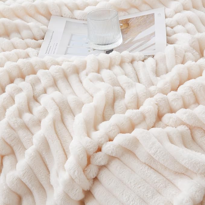 Cream White Throw Blanket for Couch Sofa 60x80 inches Striped Fleece Blankets Room Home Decor Lightweight Plush Soft Cozy Gifts for Women Mom Girls