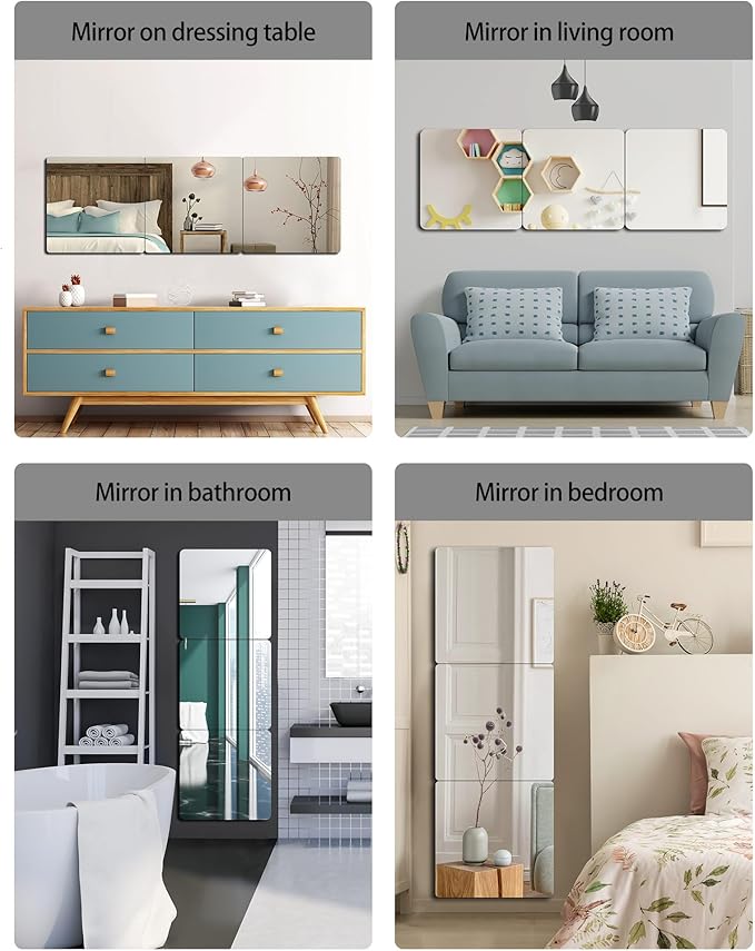 Unbreakable Wall Mirror Full Length,Over the Door Mirror for Bedroom,4Pcs 16inchx12inch Acrylic Mirror Kids,Shatterproof Plexiglass Long Mirrors,Children Non Glass Stick on Mirrors Tiles self adhesive