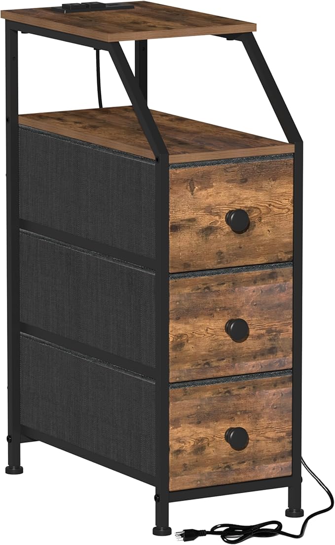 Tohomeor Narrow Dresser Tall Skinny Storage Tower Vertical Slim Chest of Drawers with Charging Station Small Nightstand Side Table for Bedroom, Bathroom, Small Spaces (Rustic Brown, 3 Drawers)
