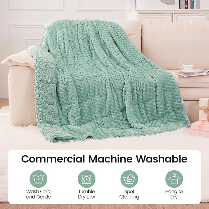 Super Fuzzy Soft Fleece Sherpa Weighted Blanket 15 lbs for Adults, 3D Imitation Turtle Shell Luxury Weighted Throw for Better Sleep, Dual Sided Cozy Heavy Blankets for Couch Bed, Sage Green, 60" x 80"