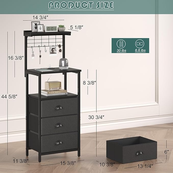 Bedside Tall Nightstands with Charging Station, LED Bedside Table for Bedroom - 3 PU Fabric Drawers, Hooks, Black