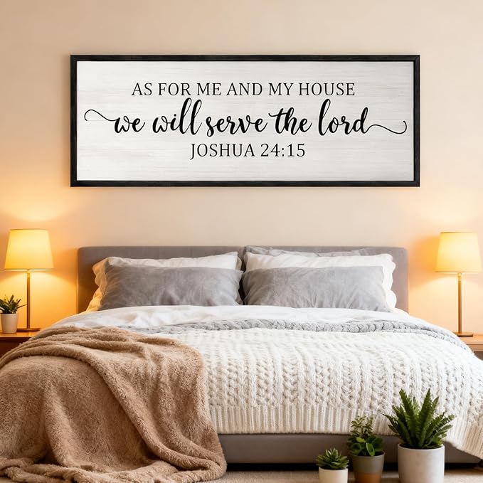 As For Me And My House We Will Serve The Lord Framed Wall Art, 40''×15'' Vintage Positive Religious Rustic Bible Verse for Christian God Jesus Christ Prayer, Horizontal Holy Catholic Scripture Decor