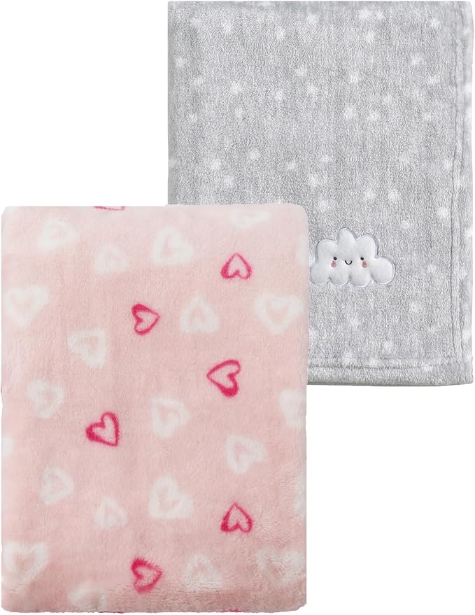 CREVENT 2Pcs 30''X40'' Cute Cozy Fluffy Warm Baby Blankets for Infants Toddlers' Bedding Crib Cot Stroller - Grey Cloud + Pink Heart