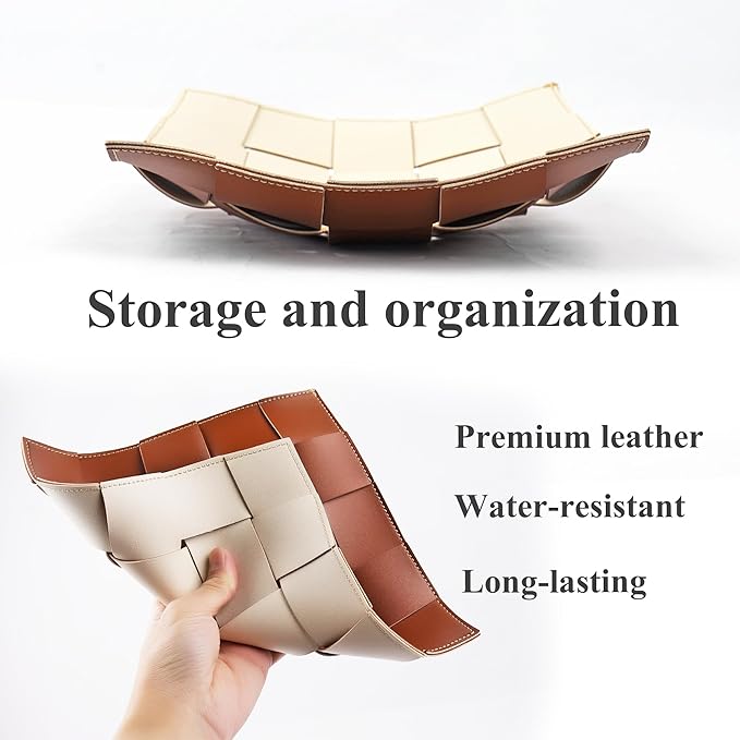 Hennaja PU Leather Valet Tray for Men, Key Bowl for Entryway Table, Bedside Nightstand Desk Catchall Storage Organizer Tray, EDC Dump Tray for Wallet, Keys, Coin, Jewelry(1-Beige Brown)