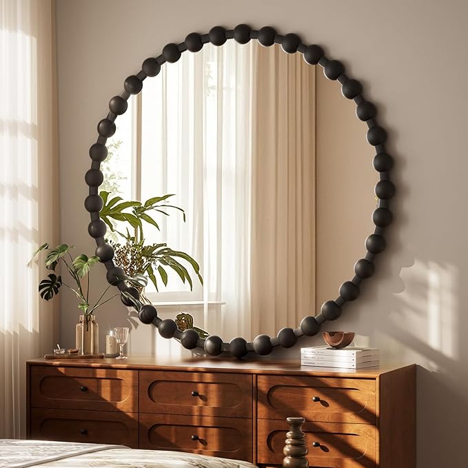 Round Mirror for Wall, 36 Inch Black Beaded Frame Decorative Vanity Mirror, Circle Bathroom Mirror with High-Definition Lense, Modern Wall Decor for Bathroom, Living Room, Bedroom, Entryway