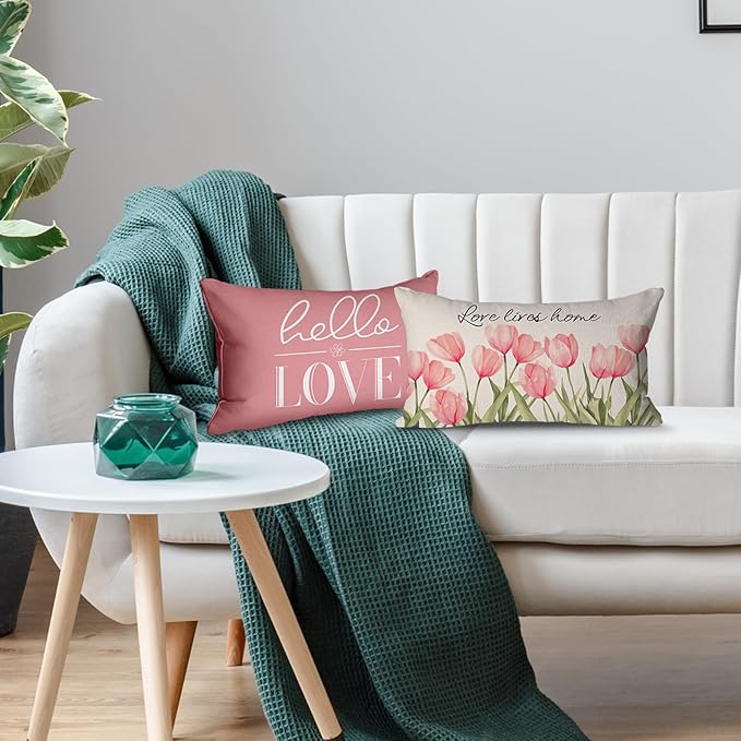 Pillow Covers 12x20 Inch Set of 4 Tulip Home Sweet Home Pink Throw Pillows Decorative Pillow Cases Hello Summer Spring Seasonal Farmhouse Decorations for Sofa Couch