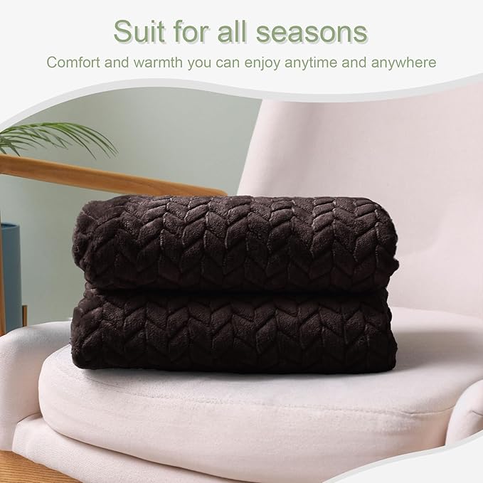 Exclusivo Mezcla Fleece Throw Blanket for Couch and Bed, 50x70 Inches Soft Cozy Jacquard Flannel Blankets, Lightweight Fuzzy Plush Warm Throws for Women, Coffee