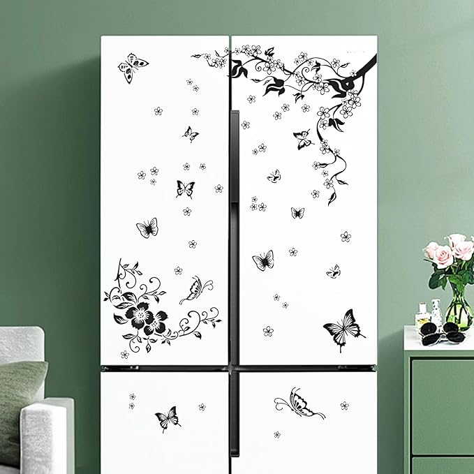 Supzone Flowers Vine Wall Decals - Black Flowers Stickers, Butterfly Decor, Removable Vinyl Art for Bedroom, Living Room, Office, Sofa Backdrop, TV, Home Decoration