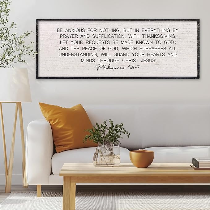 LuZhiQiang Bible Verse Wall Art Be Anxious for Nothing Christian Inspirational Sign 32"×12" Philippians 4:6-7 Rustic Religious Home Decor for Living Room Large Scripture Wood Framed Hanging (Black)