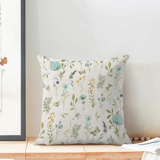 Spring Pillow Covers 18x18 Inch Set of 2, Aqua Teal Sage Green Wild Flower Throw Pillows Case,Colorful Seasonal Floral Plant Outdoor Decorative Farmhouse Decor Cushion Covers for Sofa Bed Couch