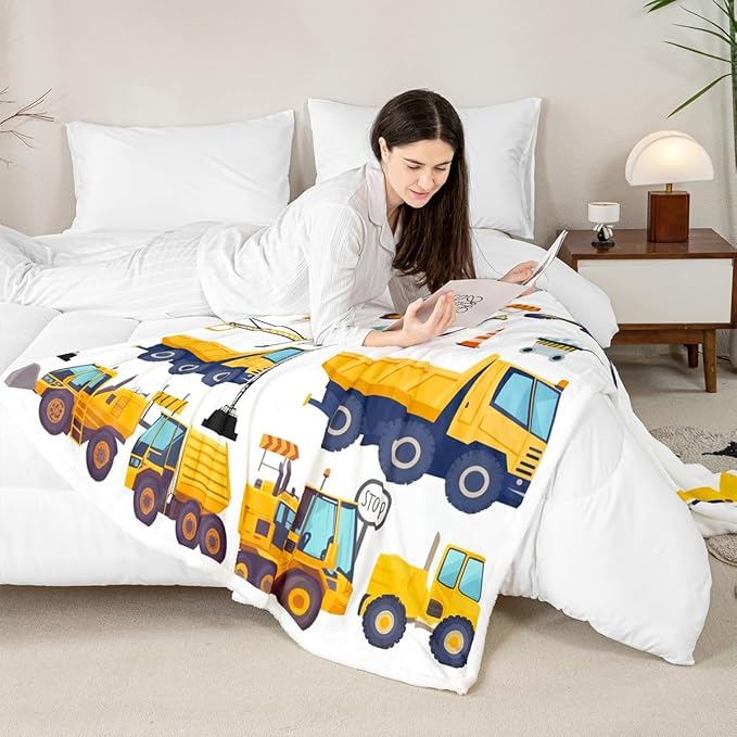 Erosebridal Construction Fleece Throw Blanket for Kids Boys Excavator Truck Blanket Throw Baby 30"X40" Cartoon Car Toddler Bed Blanket Soft Warm,Tractor Vehicle Sherpa Flannel Blanket Yellow Blue