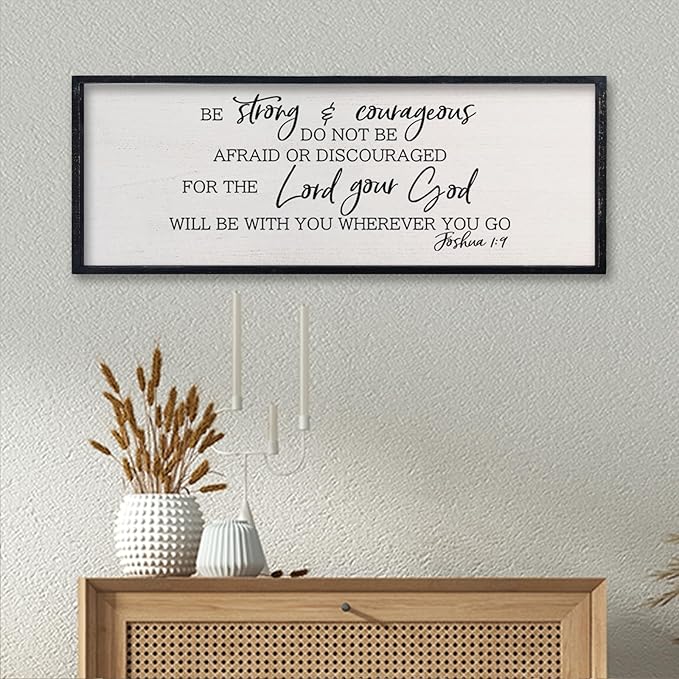comurdyo Christian Motivational Be Strong And Courageous Sign Wall Decor 32"x12" Joshua 1:9 Bible Verse Religious Faith Rustic Home Simple Living Room Wood Plaque Art Wall Hanging (Black)