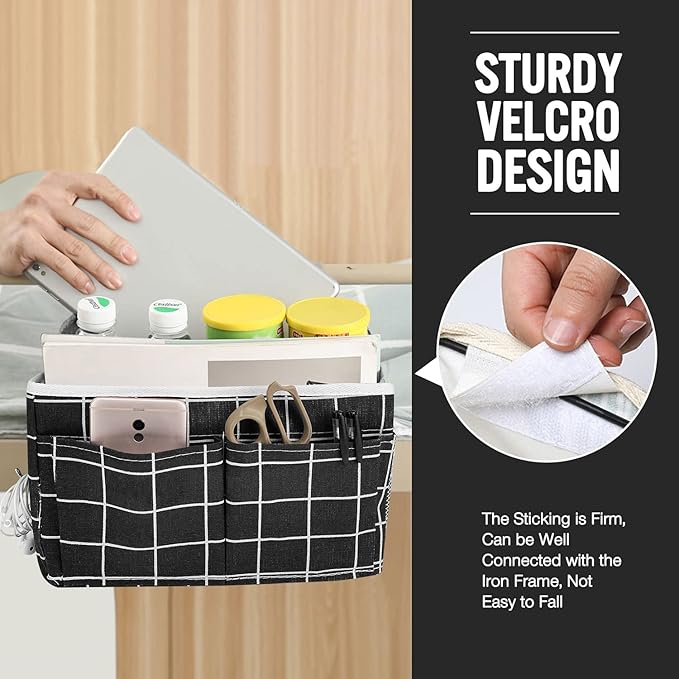 Ndeno Bedside Caddy Storage Bag Hanging Pocket Organizer for Bunk and Hospital Beds Crib,Dorm Rooms Bed Rails for Remotes Mobile Phone Keys, Glasses, Books (Black Plaid)