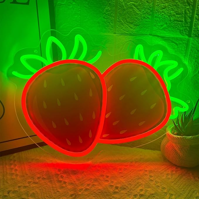 Strawberry Neon Sign for Wall Decor, Dimmable Printing Strawberries Fruits Neon Lights, Vibrant Fruit Themed Neons LED Signs for Kids Room, Bedroom, Restaurant, Bar, Club, Fruit Shop, Birthday Party