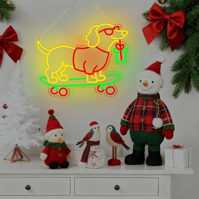 Christmas Led Sign, Gift for Dachshund Women, Dimmable Dog Lover Gift for Christmas Decorations USB Powered 16.6x13.4in