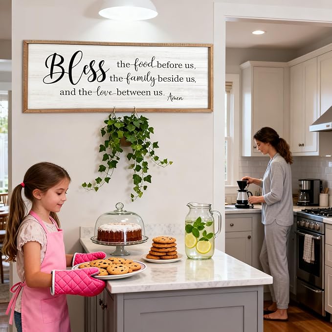 Bless the Food Before Us, the Family Beside Us, and the Love between us Framed Wall Art for Dining Room, 40''×15'' Holy Positive Religious Rustic Bible Verse for Christian God Jesus Christ Prayer