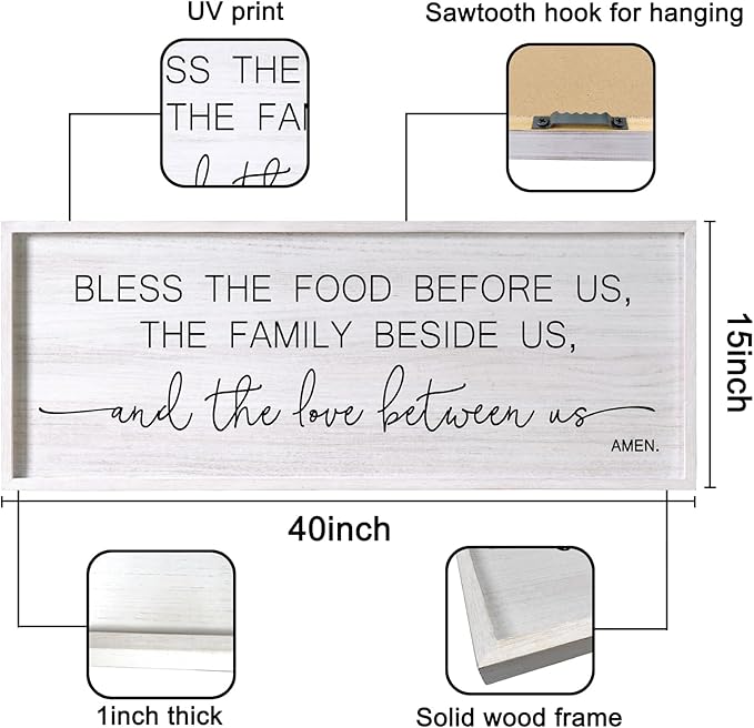 Bless the Food Before Us, the Family Beside Us, and the Love between us Framed Wall Art for Dining Room, 40''×15'' Positive Holy Religious Rustic Bible Verse for Christian God Jesus Christ Prayer