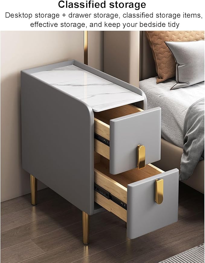 Modern Pu Leather Nightstand with Marble Tabletop, Narrow Bedside Table Luxury Side End Table with 2 Drawers & Metal Legs, Storage Cabinet for Bedrooms(45x40x50cm(18x16x20inch), Khaki)