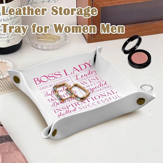 Boss Lady Gifts Leather Jewelry Valet Tray, Best Boss Gifts for Women PU Leather Catchall Beside Caddy Nightstand Organizer Tray for Jewelry Rings Watches Keys and Accessories, 7.8x7.8inch