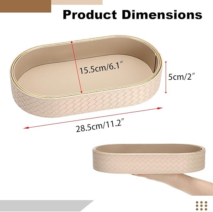 Hipiwe Perfume Trays PU Leather Vanity Tray for Dresser Bathroom Valet Trays Oval Desk Tray Jewelry Dish Holder Decorative Catchall Trays Nightstand Organizer, Beige