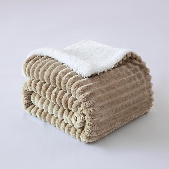 Tan Sherpa Fleece Throw Blanket 60”×80” for Couch Sofa Bed,Super Soft Cozy Plush Double Side Thick Flannel Blanket with Striped Design Lightweight for Adults,Woman,Girls