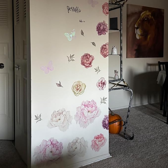 Large Floral Wall Decals, 15 Peonies Flower Set Stickers for Bedroom, Living Room, Nursery, Elegant Floral Decals for Home Decor, Boho Botanical Style
