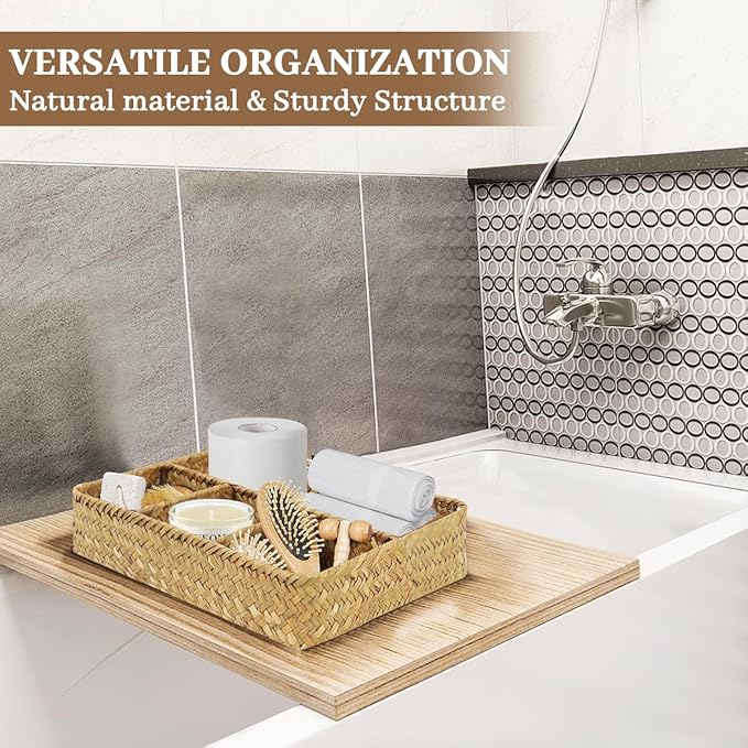 Hand-Woven Storage Baskets Wicker Rattan Divided Basket Organizer for Drawer Baskets for Organizing Cabinet Coffee Table Toilet Paper Storage