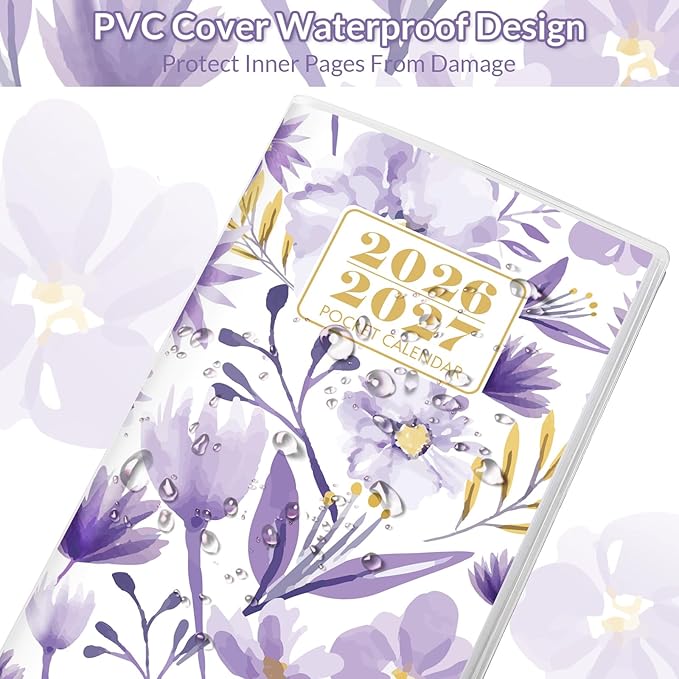 Pocket Calendar 2026-2027, Purple 2026-2027 Monthly Planner - 3.7" x 6.7" - Runs from January 2026 Until December 2027, Small Pocket Calendar 2026 with PVC Cover for Planning