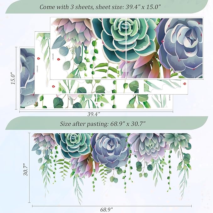 Succulent Plants Leaves Wall Decals Peel and Stick, Large Flowers Vinyl Wall Stickers, Removable Hanging Floral Home Decor Art for Bedroom Living Room Classroom Office