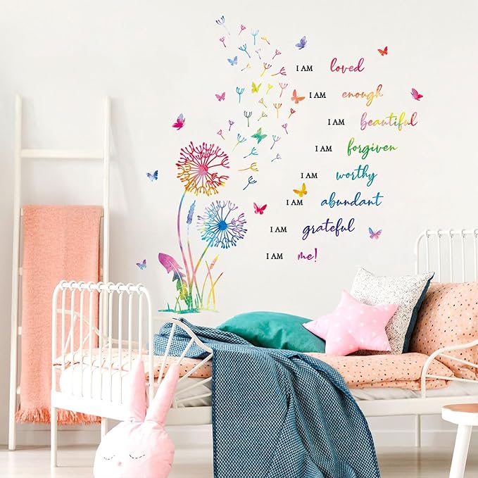 HLNIUC Dandelion Inspirational Saying Wall Sticker 75PCS Butterfly Positive Affirmation Wall Decal Flora Motivational Quotes Peel and Stick Wall Stickers Flower Inspiring Wall Decals for Girl Bedroom