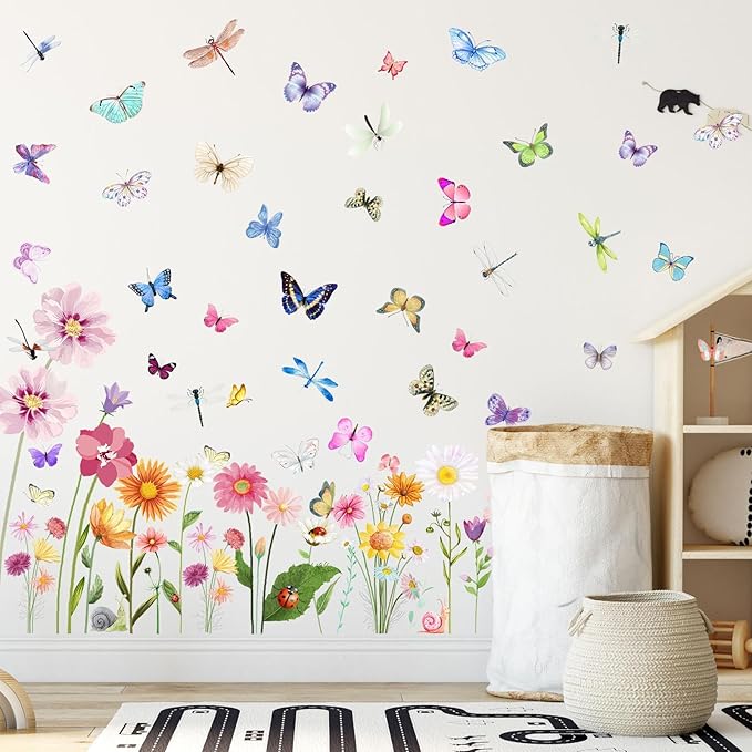 80 Pieces Flowers Butterflies Wall Decals Chrysanthemums Dragonflies Wall Sticker Flowers Peel and Stick Art Removable PVC Garden Decal for Kids Room Nursery Classroom Bedroom Decor, Colorful