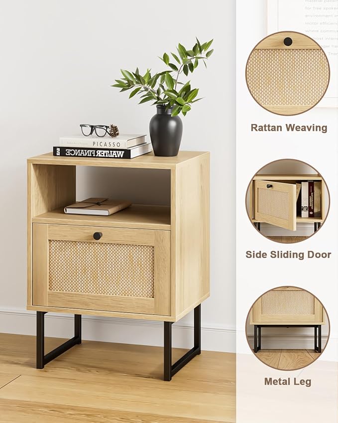 Masupu Extra Large Rattan Nightstand,Modern Boho Farmhouse Wood Bedside Table with Storage Drawer and Open Shelf, Black Frame Side End Table for Bedroom,Living Room,Office (Natural)