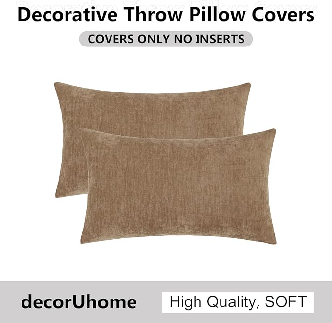 decorUhome Chenille Brown Throw Pillow Covers 12x20 Inch Set of 2, Decorative Soft Couch Pillow Covers Solid Dyed Accent Farmhouse Neutral Rectangle Pillow Cases for Sofa