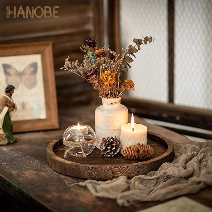 Hanobe Candle Plate Holder Tray: Decorative Wooden Tray Rustic Round Plate Farmhouse Centerpiece Small Candle Holder Trays for Coffee Table Living Room Kitchen Vintage Home Decor