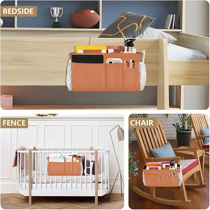 Orange Bedside Caddy Storage Bag Bedside Organizer for Bed Rails College Dorm Room Hanging Bag Bedside Shelf 6 Pockets with Hooks for Glasses Book Tablet Holder
