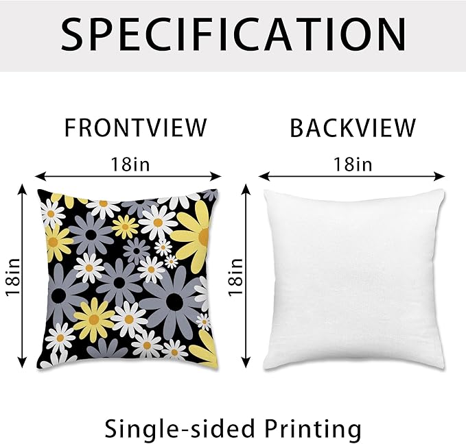 Hexagram Spring Summer Pillow Covers 18x18 Set of 4, Outdoor Floral Daisy Decorative Black Throw Pillow Covers, You are My Sunshine Farmhouse Cushion Case for Couch Sofa Indoor Home Decor(No Insert)