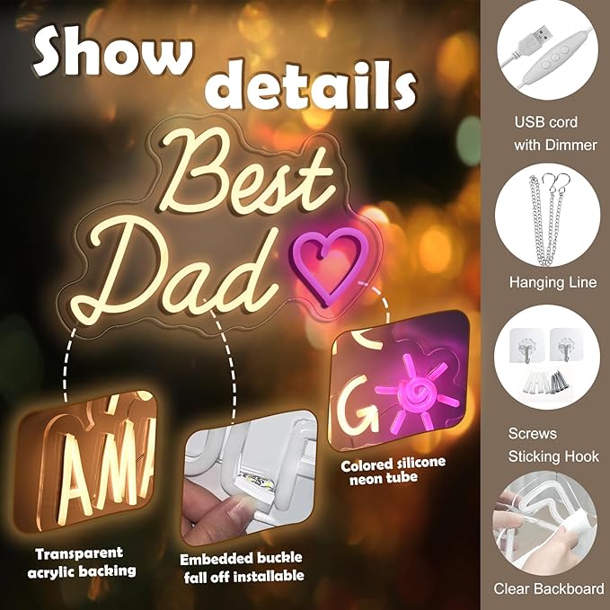 Best Mom, Dad, Son, Daughter, Sister, Husband Neon Light Sign LED Light Sign Suitable for Living Room, Bedroom, Kids Room Wall Decor, Father's Day, Mother's Day, etc. Best Gift for Family