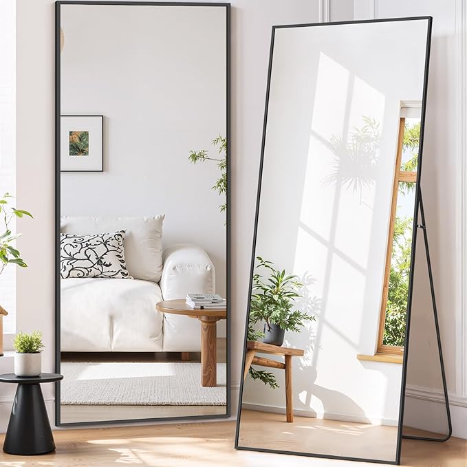 Full Length Mirror 68"x26" Full Body Mirror Rectangle Free Standing Wall Mounted Leaning Floor Mirrors with Stand Aluminum Alloy Frame for Bedroom Cloakroom, Black