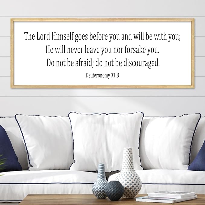 Christian Wall Decor The Lord Himself Will Go Before You He Will Be With You Deuteronomy 3:18 Sign 32"×12" Bible Verse Scripture Sign Large Rustic Wall Hanging Art (Wood)