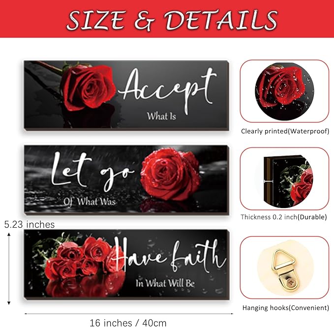 ZINYAZHE 3 Pcs Red Decor Flower Inspirational Wooden Wall Art Red Roses Office Wall Decor with Accept Let Go Have Faith Positive Quotes for Girl Women Bathroom Living Room Bedroom(16 x 5 Inch)