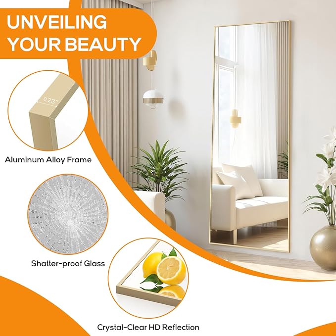 Mirror Full Length, Upgraded Body Wall Mirrors with Shatter-Proof Glass, Floor Standing, Hanging or Leaning, Tall Mirror with Stand Aluminum Alloy Frame for Bedroom Cloakroom