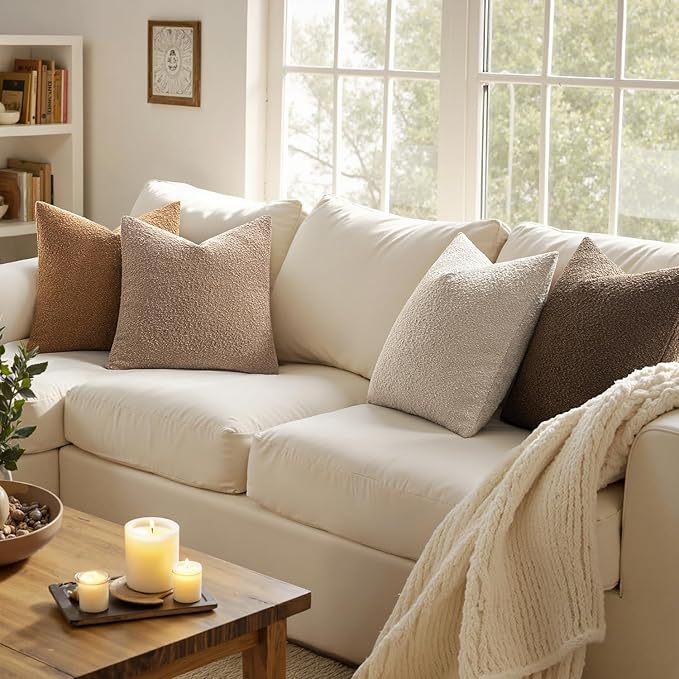 MIULEE Pack of 4 Decorative Textured Boucle Throw Pillow Covers 24x24 Inch Neutral Brown Accent Euro Sham Pillow Cases Couch Cushion Covers Modern Farmhouse Boho Chair Sofa Bed Room Home Decor