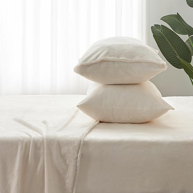 BEDELITE Flannel Sheets King Size White - Super Soft Fleece Sheets Set Fluffy Extra Plush, 4 Piece(Include Fitted Sheet, Flat Sheet, 2 Pillowcases)