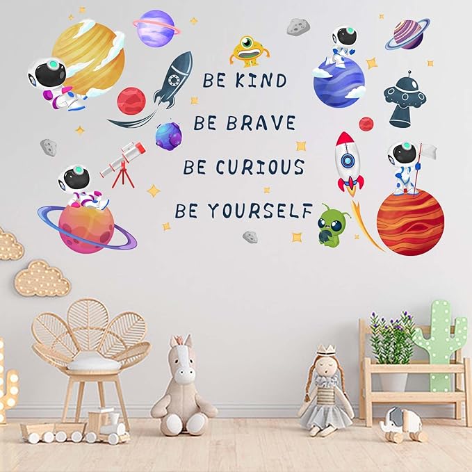 Outer Space Astronaut Wall Stickers - Be Kind Be Brave Inspirational Quotes Planets Rocket Boys Wall Decals - Baby Nursery Kids Room Daycare Wall Decor