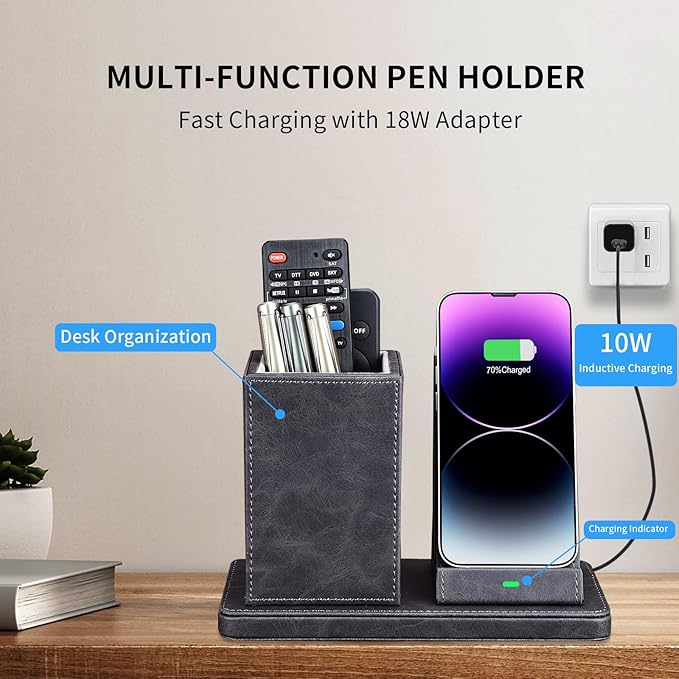 Wireless Charger with Desk Organizer, Wireless Charging Station for iPhone 13/13 Pro Max/13 Pro/12 Series/11/XS Max/XR/X/8Plus/SE 2, Wireless Charging Stand with Leather… (Gray)