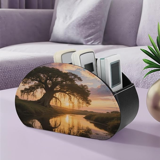 Big Trees in Sunset Remote Control Holder Organizer Box with 5 Compartment PU Leather Bedside Storage Caddy Remote Organizer for Controller Media Player Pen/Pencil Storage