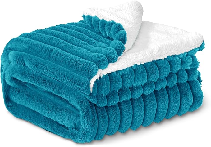 INFIIXSO Sherpa Throw Blanket for Couch - Super Soft & Warm Striped Fleece Blanket, Cozy Plush Fluffy Blanket All Season Use (Teal, 50x60 Inches)
