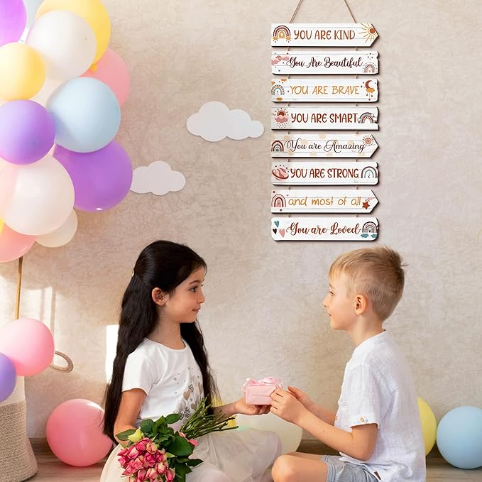 Inspirational Girl Room Decor Aesthetic Art Wall Hanging Sign Inspiring Colorful Rainbow Wooden Decoration for Kids Teens Toddler Boy Baby Bedroom Nursery Dorm Decor, 6-12 Years old (Boho)