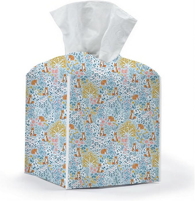 Tissue Box Cover, Tissue Box Holder, Square with Belt Bottom, PU Leather Decorative Organizer for Desk, Tabletop, Countertop Bathroom, Toilet Car, Bedside, Dresser Kitchen, Squirrel Flower Tree Decor